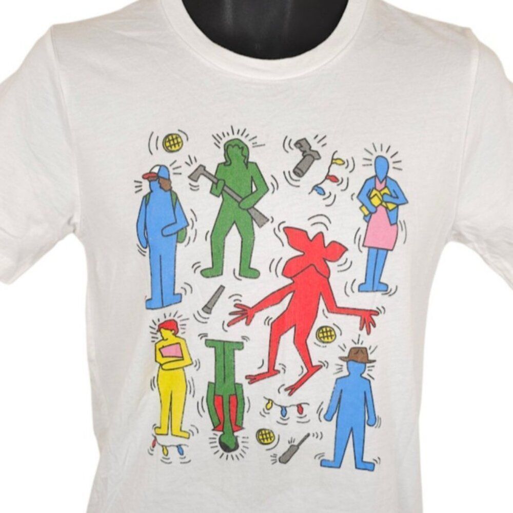 Stranger Things T Shirt Mens Size Small White Keith Haring Pop Art Netflix Show